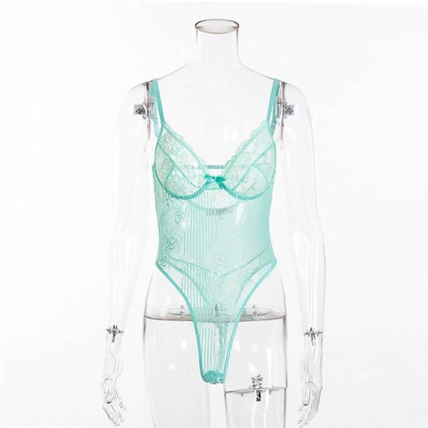 Sexy Floral Embroidery Hollow Out Bow Tie Sheer Lace Bodysuit For Women