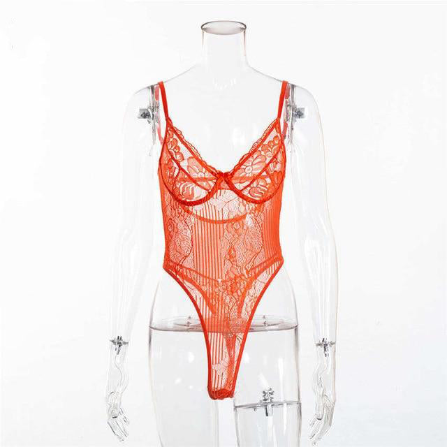 Sexy Floral Embroidery Hollow Out Bow Tie Sheer Lace Bodysuit For Women