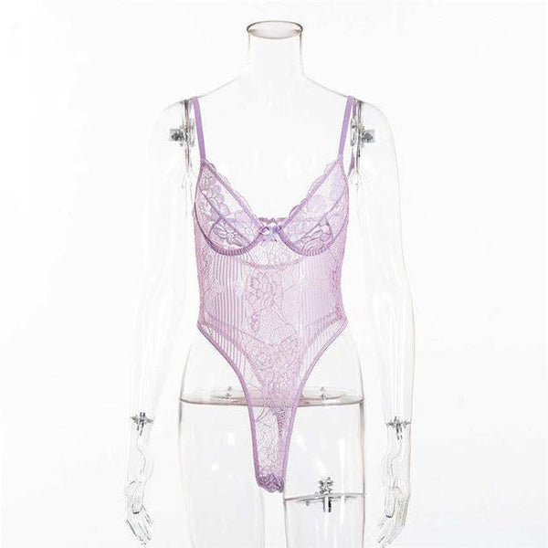 Sexy Floral Embroidery Hollow Out Bow Tie Sheer Lace Bodysuit For Women