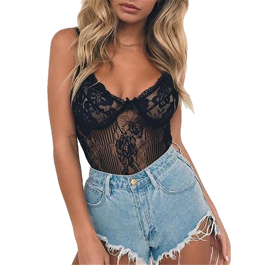 Sexy Floral Embroidery Hollow Out Bow Tie Sheer Lace Bodysuit For Women Main image