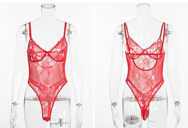Sexy Floral Embroidery Hollow Out Bow Tie Sheer Lace Bodysuit For Women