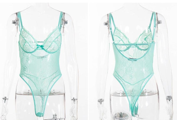 Sexy Floral Embroidery Hollow Out Bow Tie Sheer Lace Bodysuit For Women