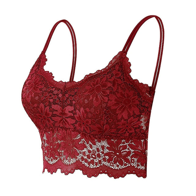 Women's Lace Bras Fixed Straps Sheer Bras Full Coverage V Neck Breathable Push Up Lace Pure Color Pull-On Closure Date
