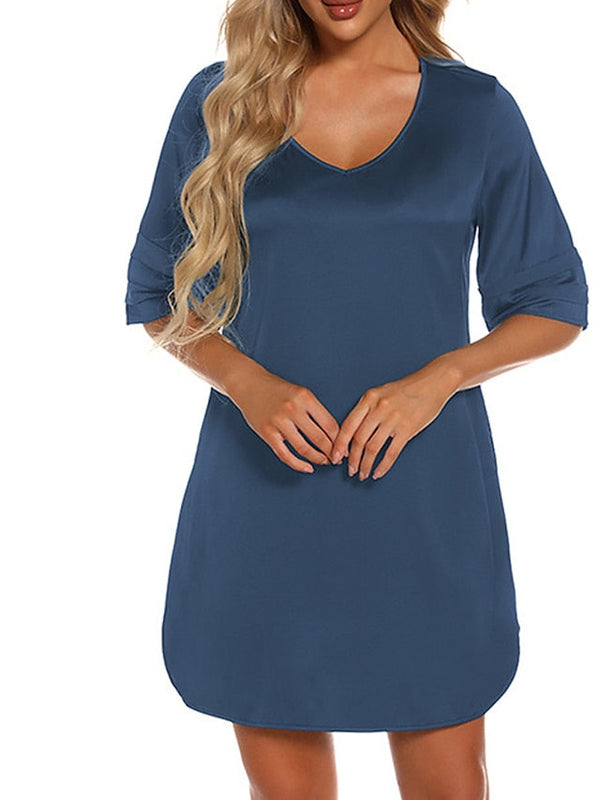 Women's Casual V-Neck T-Shirt Mini Dress - Cozy Patchwork Split Design for Home Lounge