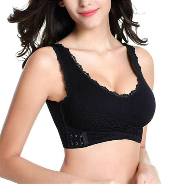 Women's Oversized Lace Sports Bras Cross Front Side Buckle Wire Free Bra Yoga Workout Activewear