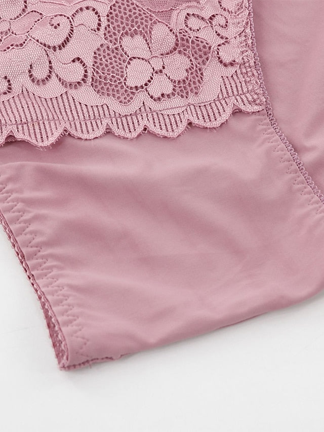 Women's Plus Size Lace Simple Flower Briefs Underwear Micro-elastic Low Waist Nylon Cotton Maroon L , 1 PC , Polyester