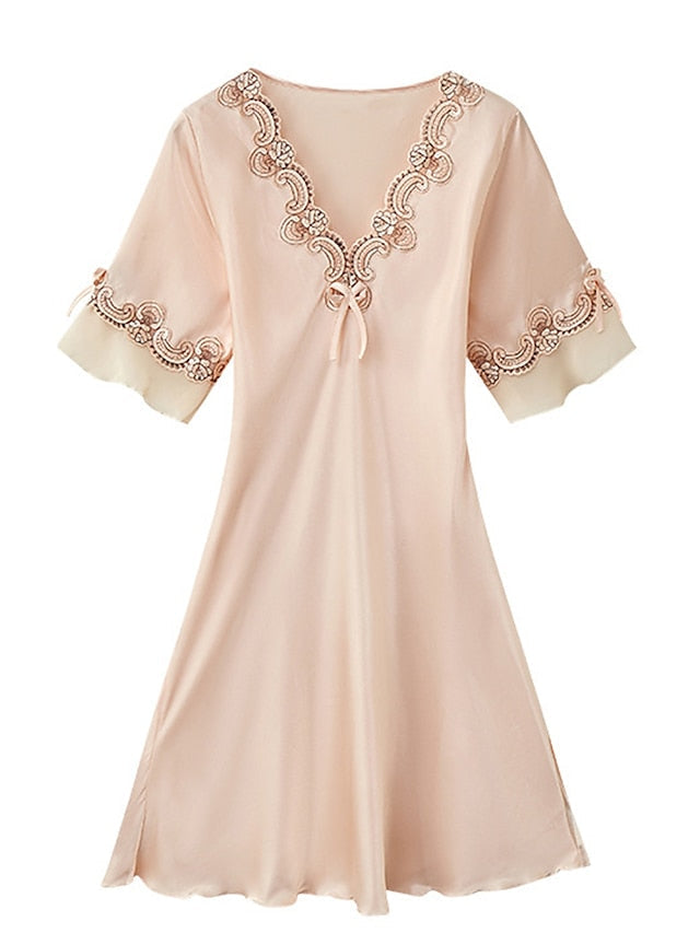 Elegant Women's Satin A-Line Mini Dress with Lace Bow, V-Neck, Solid Color for Home Lounge Main image