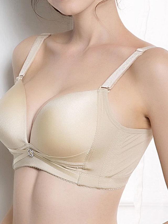 Women's Wireless Bras Double Strap Adjustable 34 Cup Deep V Breathable Push Up Pure Color Hook & Eye Casual Daily Nylon 1PC