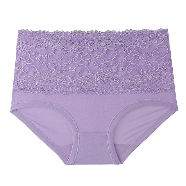Women's Brief Underwear 3Pcs Underwear Fashion Simple Sexy Lace Hole Flower Polyester High Waist Sexy Black Purple Pink