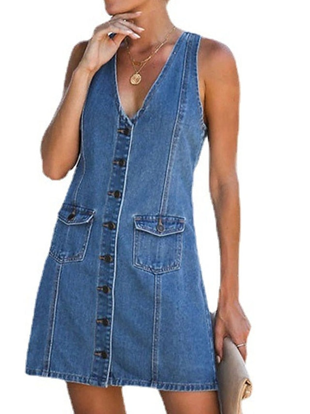 Women's V-Neck Sleeveless Denim Mini Dress with Pockets - Summer Shirt Dress Main image