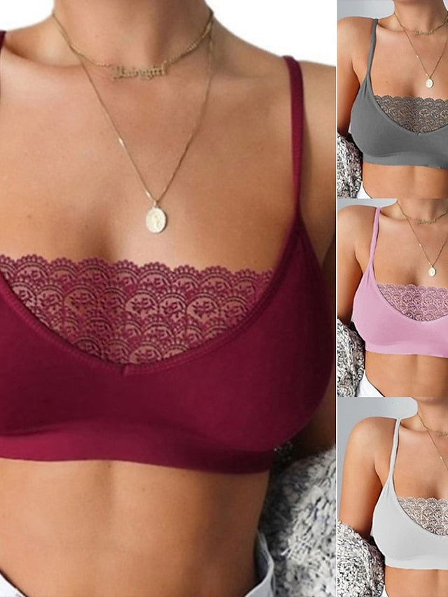 Women's Wireless Bras Sports Bras Fixed Straps 3,4 Cup Deep U Breathable Lace Pure Color Pull-On Closure Date Casual Daily Cotton Sexy 1PC White Black , Bras & Bralettes , 1 PC Main image