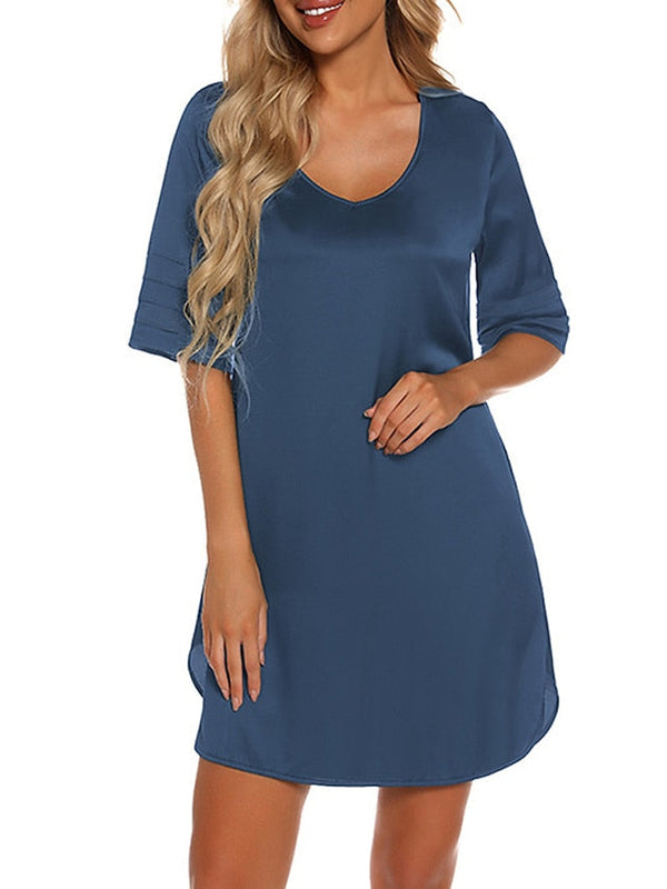 Women's Casual V-Neck T-Shirt Mini Dress - Cozy Patchwork Split Design for Home Lounge