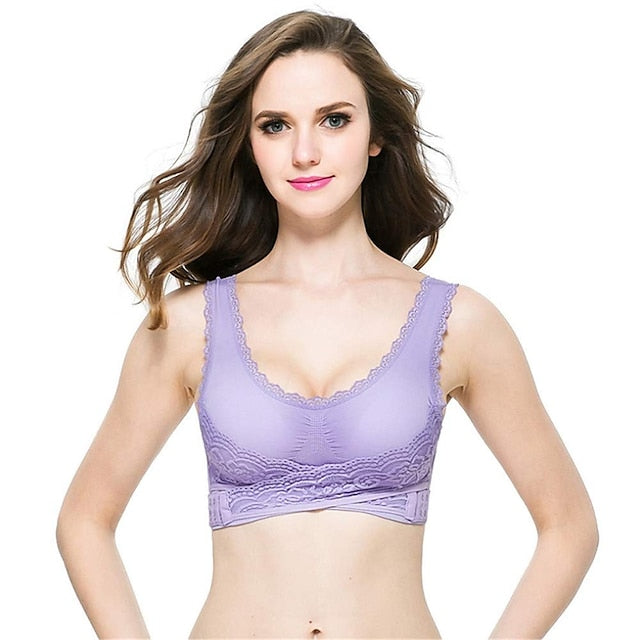 Women's Oversized Lace Sports Bras Cross Front Side Buckle Wire Free Bra Yoga Workout Activewear Secondary image
