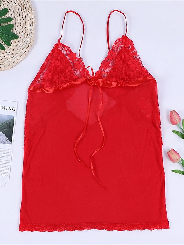 Women's Lace Bow Mini Dress - Casual Solid Color Strap for Home Lounge Secondary image