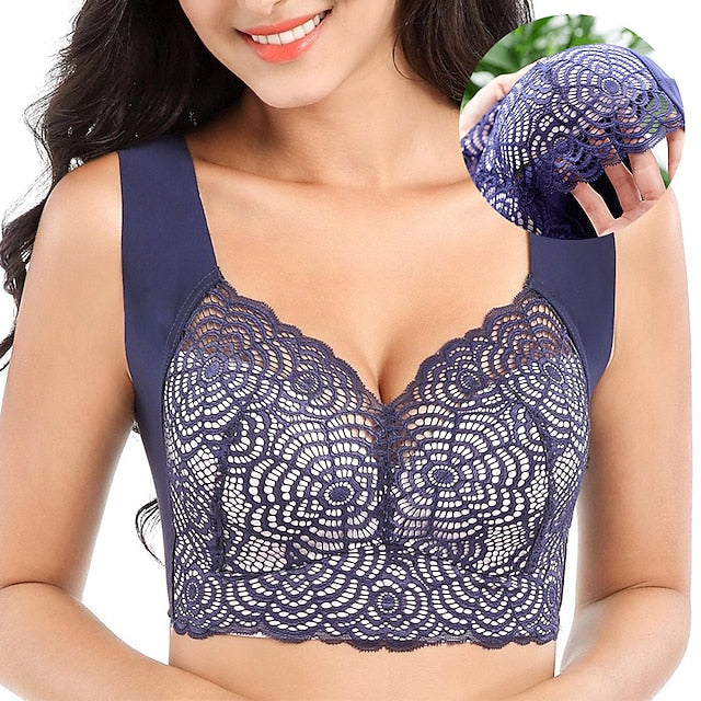 Women's Plus Size Bras & Bralettes Seamless Full Coverage Solid Color Micro-elastic Push Up Casual Daily Nylon V Neck