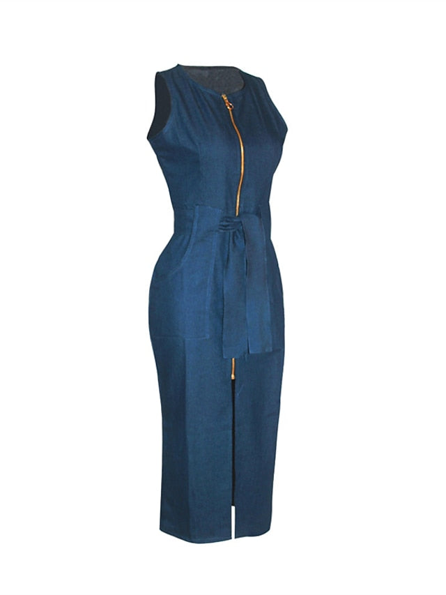 Sleeveless Women's Denim Maxi Dress - Lace-Up Bodycon for Casual & Vacation