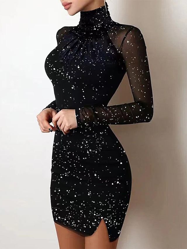 Women‘s Party Dress Wedding Guest Dress Sequin Dress Holiday Dress Mini Dress Black Long Sleeve Pure Color Sequins