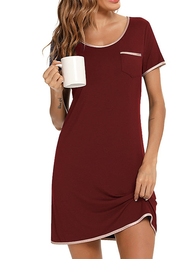 Women's Casual Crewneck T-Shirt Dress with Pocket - Solid Color Mini Shift Lounge Wear