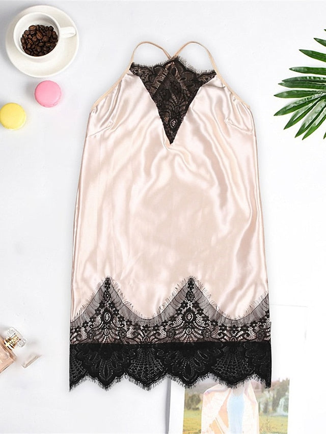 Women's Sexy Lace Patchwork Sheath Mini Dress - ColorBlock Party Strap Dress