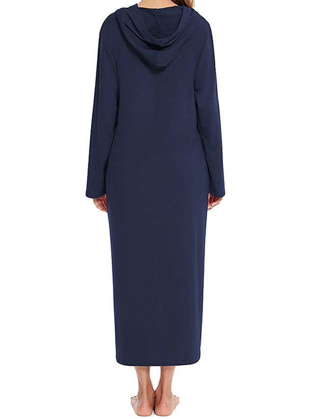 Women's Casual Midi Shift Dress with Pockets - Solid Color Hooded Lounge Wear