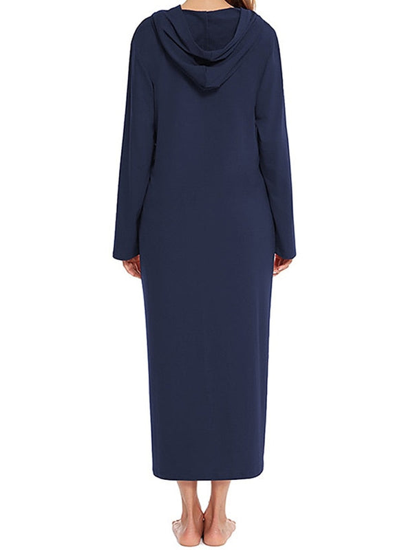 Women's Casual Midi Shift Dress with Pockets - Solid Color Hooded Lounge Wear