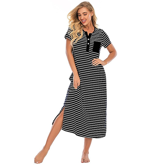 Women's Pajamas Nightgown Nighty Pjs Stripe Comfort Party Home Daily Cotton Gift Short Sleeve Spring Summer Royal Blue Grey