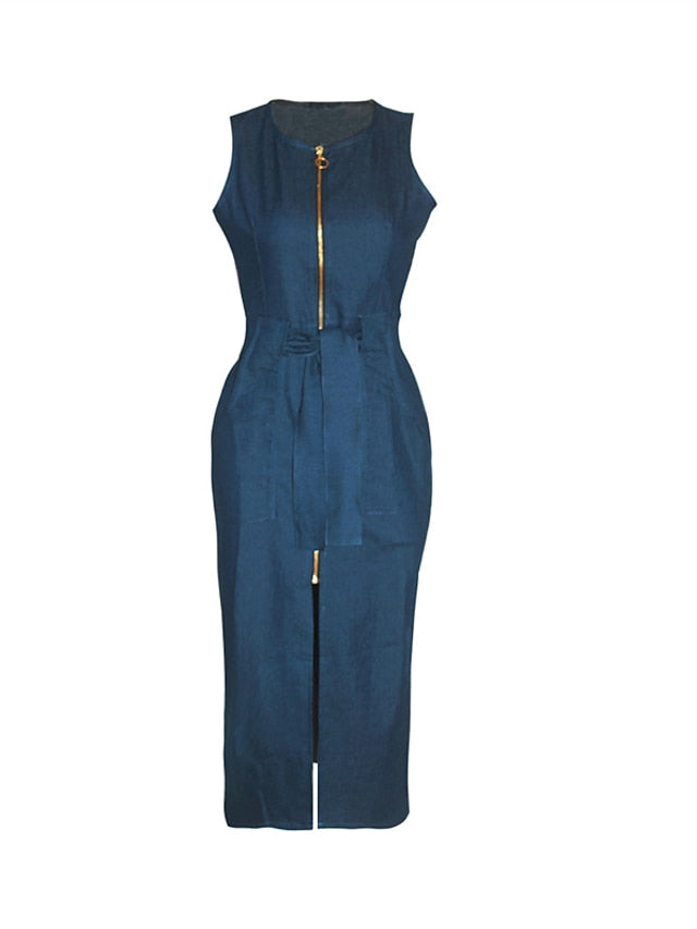 Sleeveless Women's Denim Maxi Dress - Lace-Up Bodycon for Casual & Vacation Main image