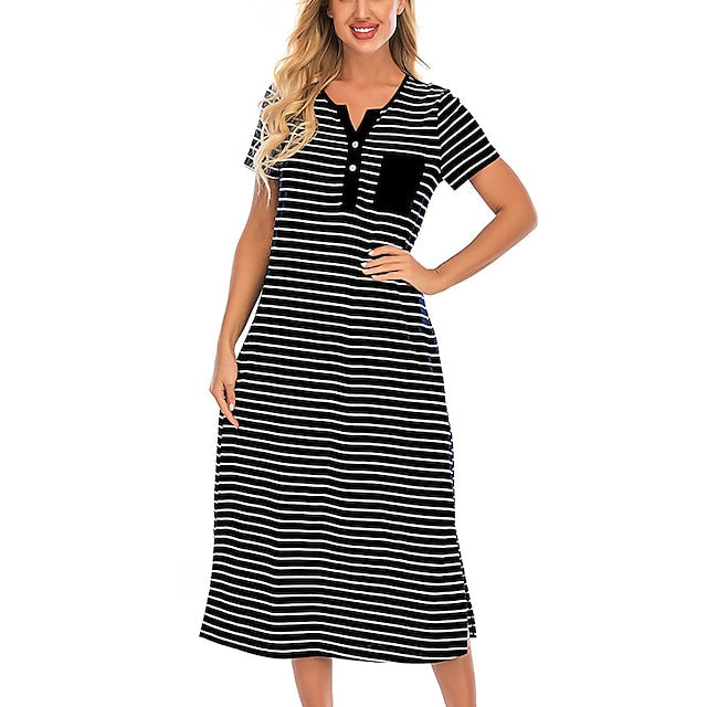 Women's Pajamas Nightgown Nighty Pjs Stripe Comfort Party Home Daily Cotton Gift Short Sleeve Spring Summer Royal Blue Grey