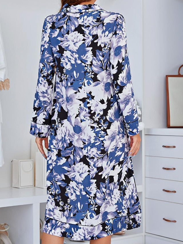 Women's Cotton Nightgown - Soft, Warm, Long Sleeve Lapel Dress for Home & Bed (Winter/Fall)