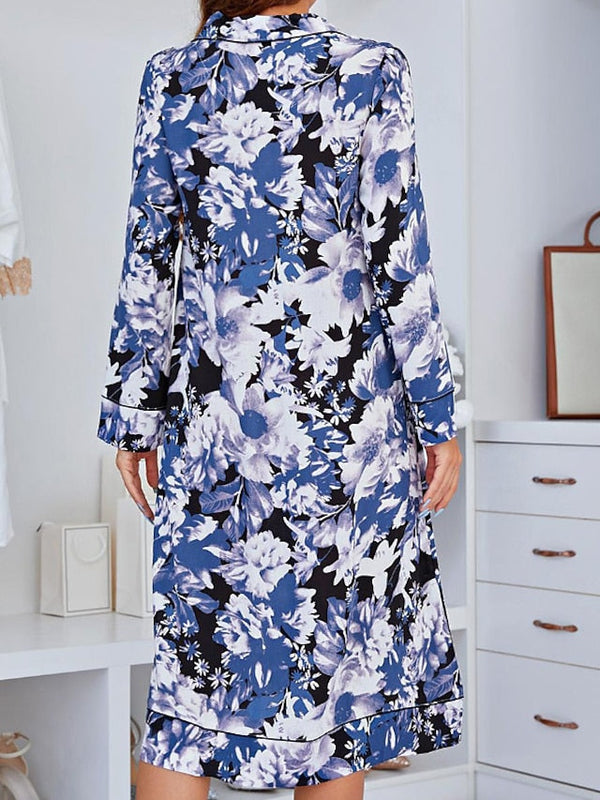 Women's Cotton Nightgown - Soft, Warm, Long Sleeve Lapel Dress for Home & Bed (Winter/Fall)