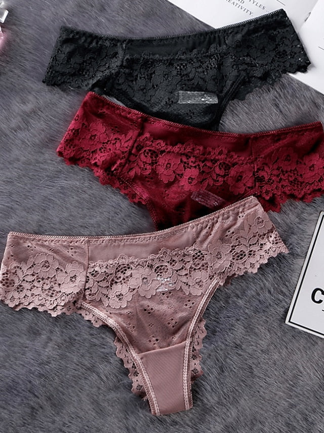 Womens Underwear Lace Hollow Out Hipster Panties Solid Color T Back Low Waist Ladies Briefs