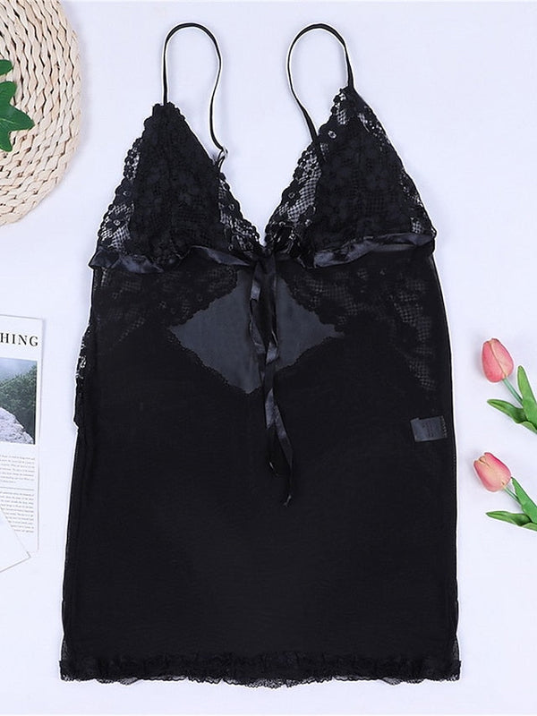 Women's Lace Bow Mini Dress - Casual Solid Color Strap for Home Lounge