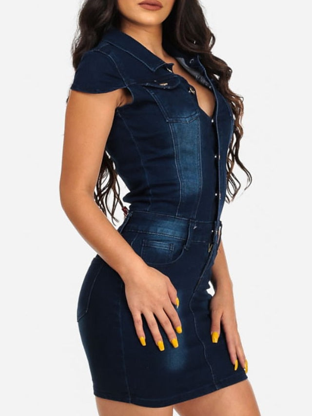 Women's Summer Cotton Denim Mini Dress - Short Sleeve with Pockets