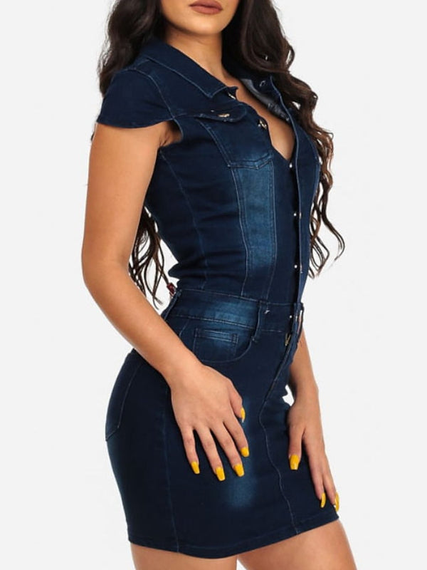 Women's Summer Cotton Denim Mini Dress - Short Sleeve with Pockets