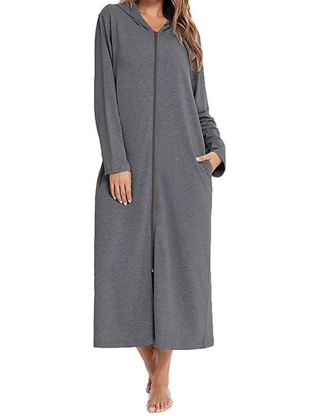 Women's Casual Midi Shift Dress with Pockets - Solid Color Hooded Lounge Wear Secondary image