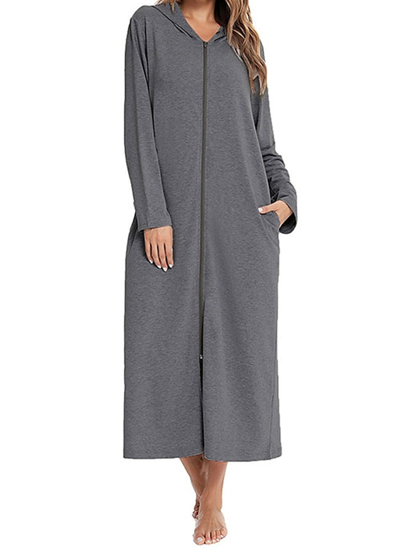 Women's Casual Midi Shift Dress with Pockets - Solid Color Hooded Lounge Wear