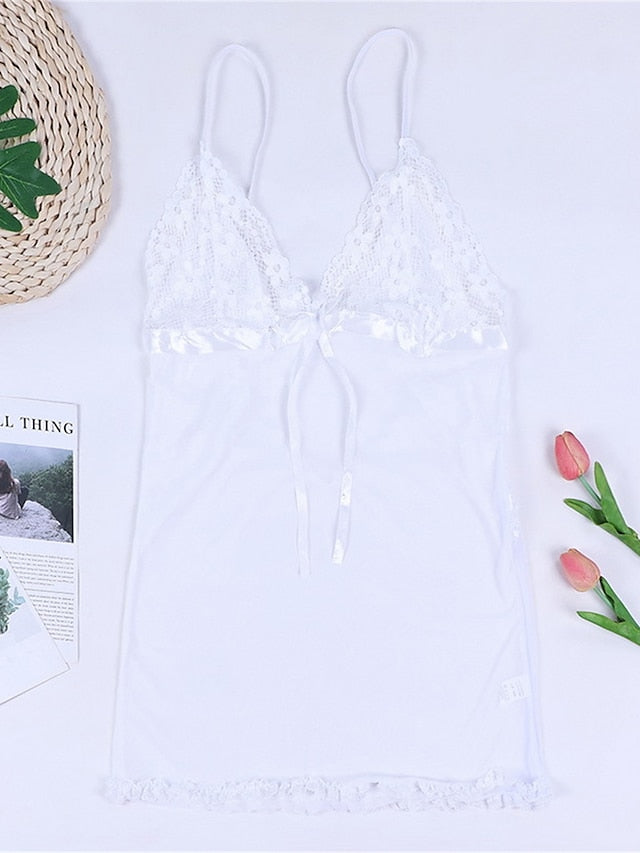 Women's Lace Bow Mini Dress - Casual Solid Color Strap for Home Lounge