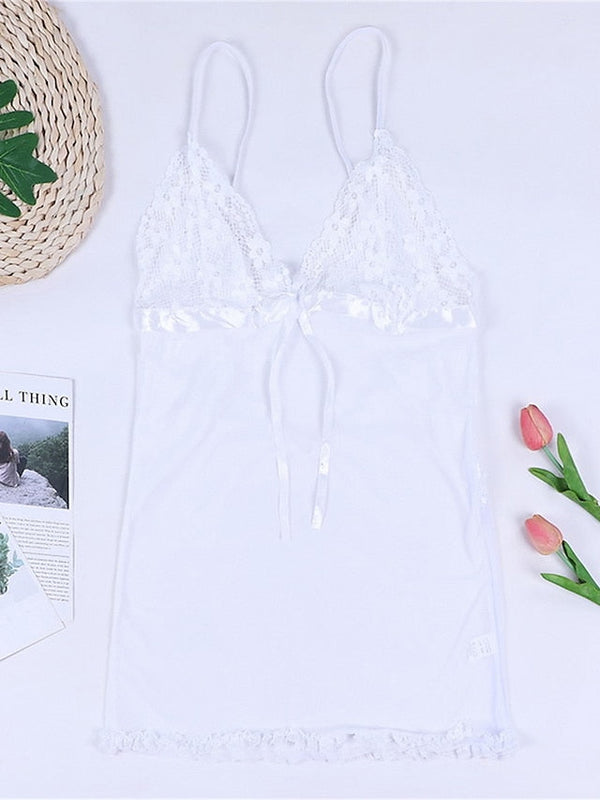 Women's Lace Bow Mini Dress - Casual Solid Color Strap for Home Lounge
