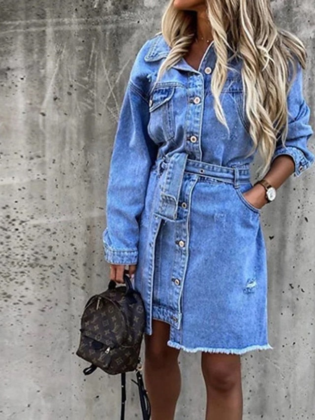 Women's Cotton Denim Midi Shirt Dress with Lace-Up and Buttons for Spring/Summer