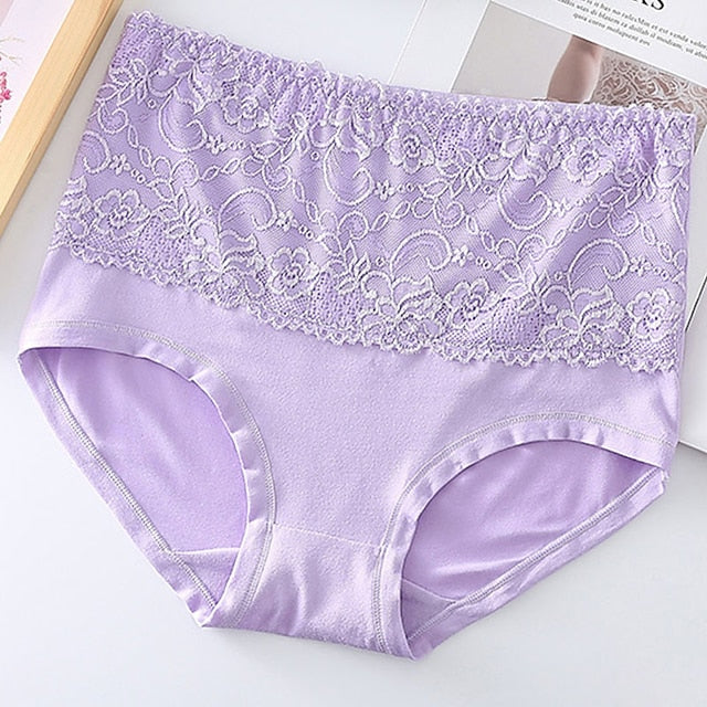 Women's Brief Underwear 3Pcs Underwear Fashion Simple Sexy Lace Hole Flower Polyester High Waist Sexy Black Purple Pink
