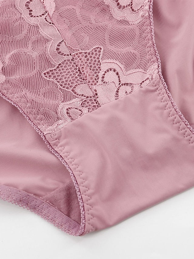 Women's Plus Size Lace Simple Flower Briefs Underwear Micro-elastic Low Waist Nylon Cotton Maroon L , 1 PC , Polyester