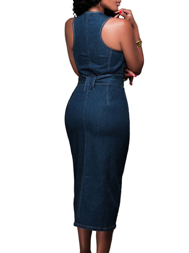 Sleeveless Women's Denim Maxi Dress - Lace-Up Bodycon for Casual & Vacation