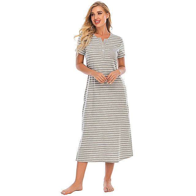 Women's Pajamas Nightgown Nighty Pjs Stripe Comfort Party Home Daily Cotton Gift Short Sleeve Spring Summer Royal Blue Grey