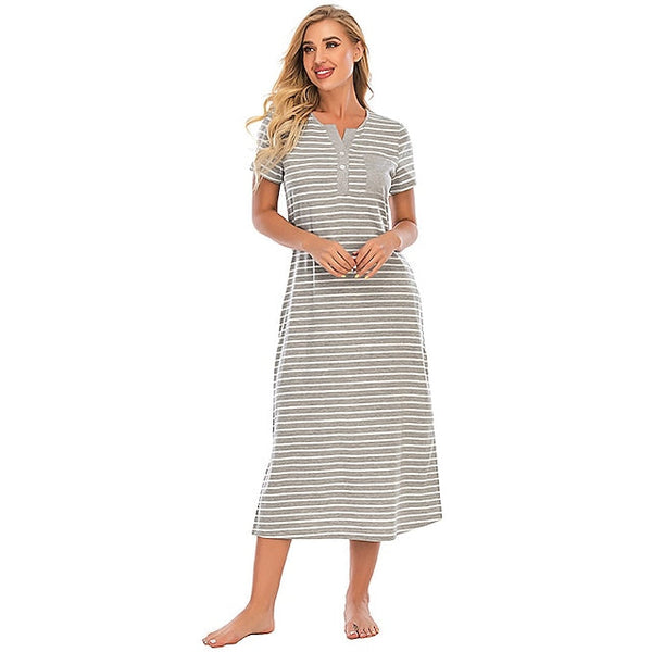 Women's Pajamas Nightgown Nighty Pjs Stripe Comfort Party Home Daily Cotton Gift Short Sleeve Spring Summer Royal Blue Grey