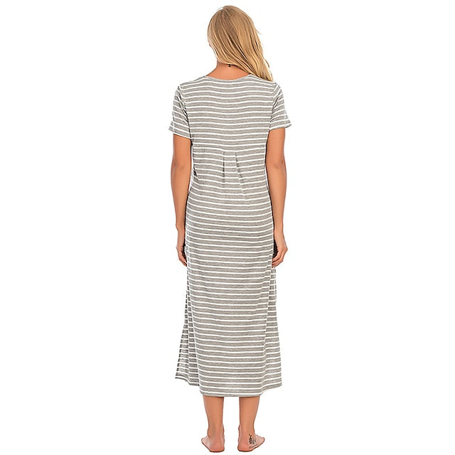 Women's Pajamas Nightgown Nighty Pjs Stripe Comfort Party Home Daily Cotton Gift Short Sleeve Spring Summer Royal Blue Grey