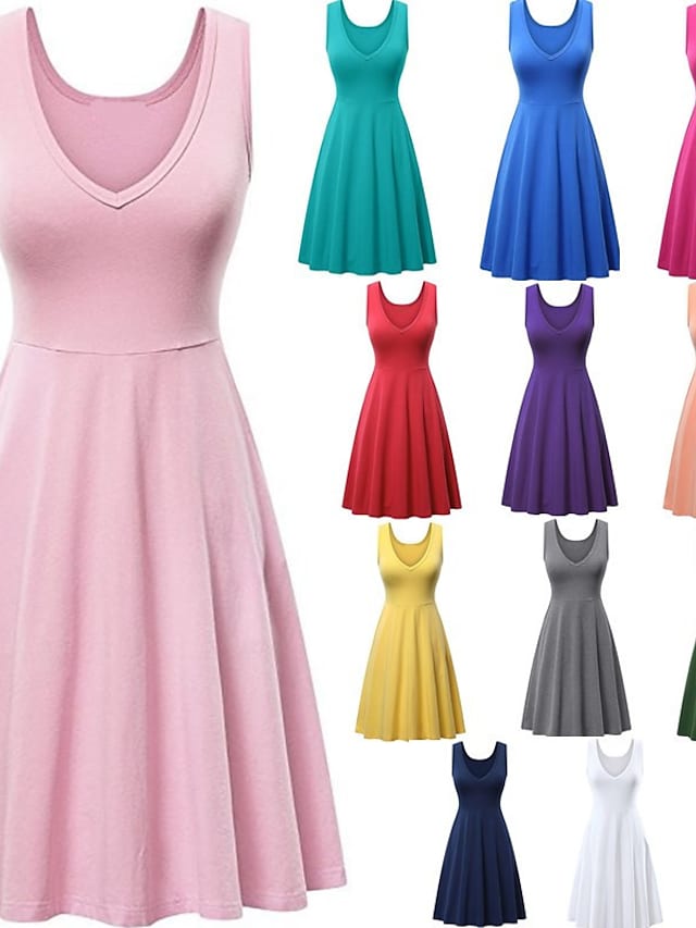Women's Ruched Pocket V Neck Daily Sleeveless Casual Fit Dress