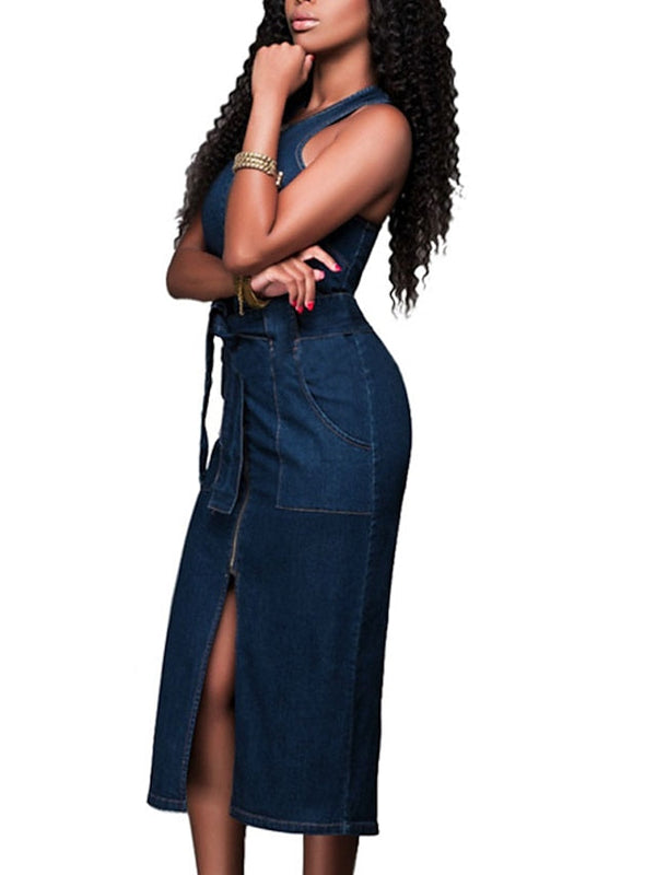 Sleeveless Women's Denim Maxi Dress - Lace-Up Bodycon for Casual & Vacation