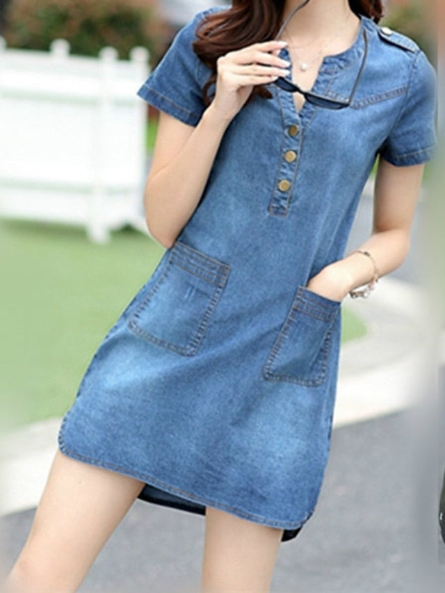 Women's V-Neck Denim Mini Dress with Pockets - Short Sleeve Summer Style Secondary image