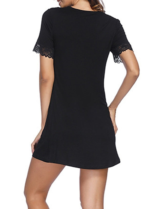 Women's Cozy Lace V-Neck Mini Dress - Casual Solid Color Lounge Wear