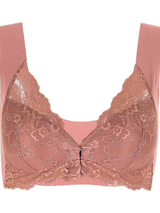 Women's Lace Bras Fixed Straps Sheer Bras Full Coverage V Neck Breathable Lace Pure Color Front Closure Date Casual Daily